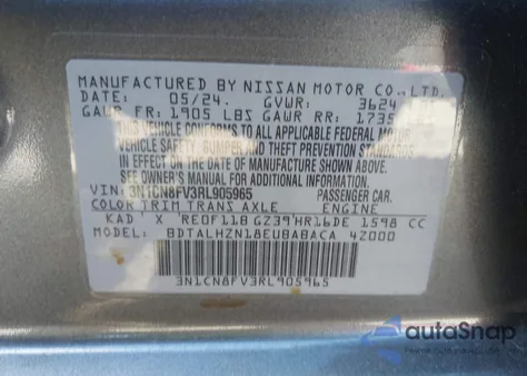 2024 Nissan Versa 1.6 Sr z USA, uszkodzony, nr VIN 3N1CN8FV3RL905965
